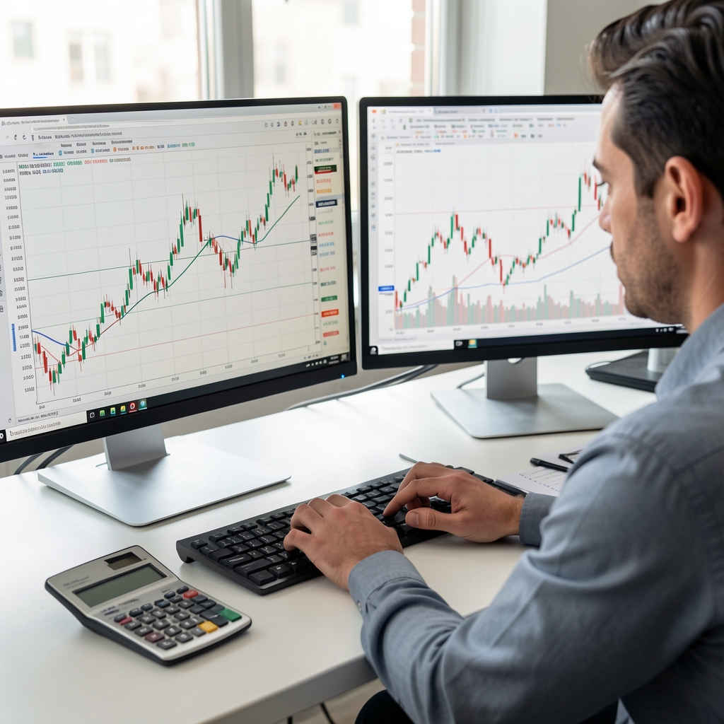 Detailní pohled na finanční analytika studujícího grafy akcií na dvou monitorech s finančními výkazy a kalkulačkou