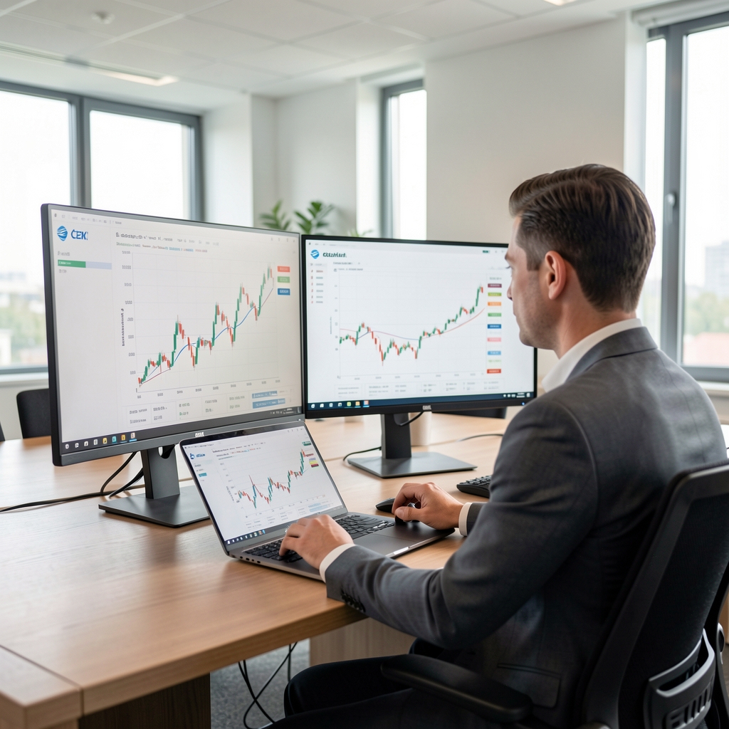Analytik pracující s grafem vývoje ceny akcií ČEZ na dvojitém monitoru v moderní kancelářské analytické místnosti