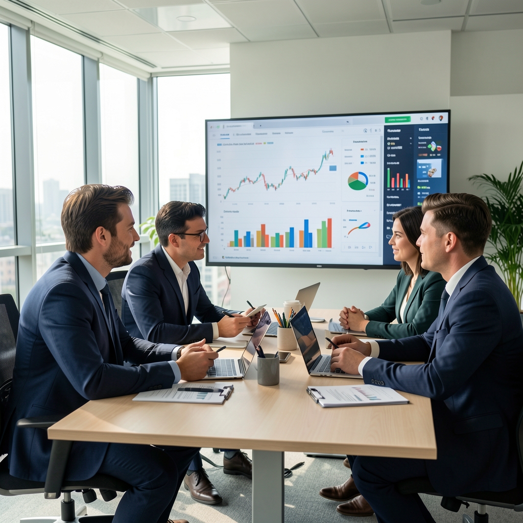 Tým finančních analytiků v moderní kanceláři diskutující nad přehledy tržních dat na velké obrazovce