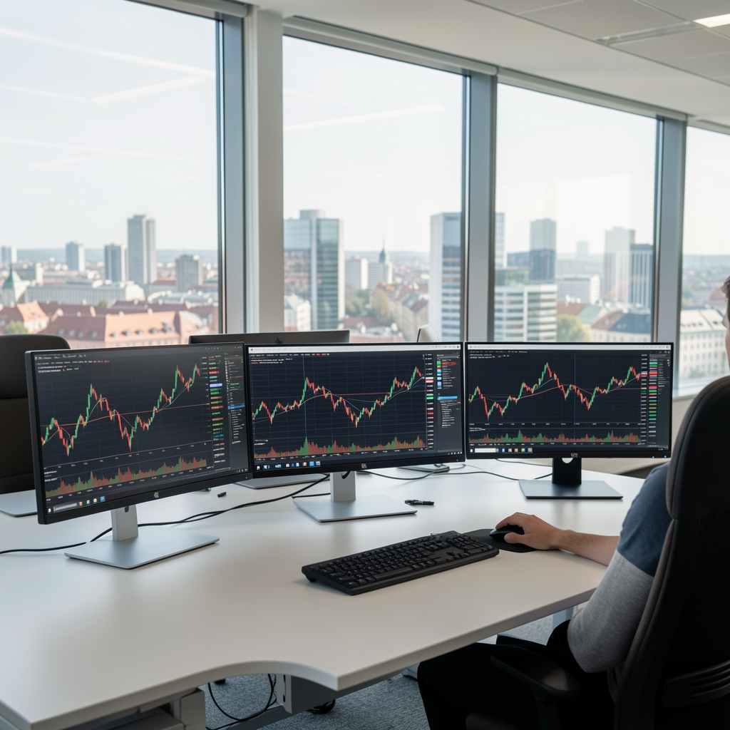 Analytik sleduje grafy finančních trhů na více monitorech v moderní pracovně s výhledem na město