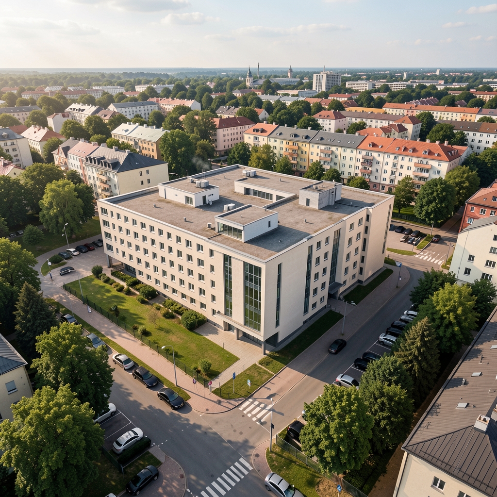Mapa s polohou kanceláře Stoerdello na Na Labišti 534, Pardubice, zobrazena z ptačí perspektivy s označenou budovou